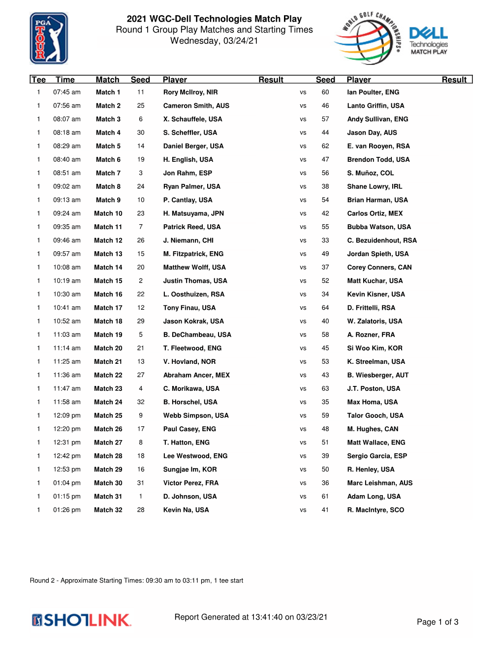 2021 WGC-Dell Technologies Match Play Round 1 Group Play Matches and Starting Times Wednesday, 03/24/21