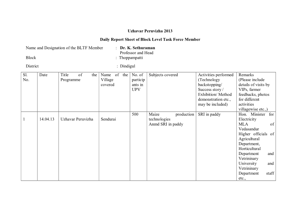 Uzhavar Peruvizha 2013 Daily Report Sheet of Block Level Task Force Member Name and Designation of the BLTF Member : Dr. K