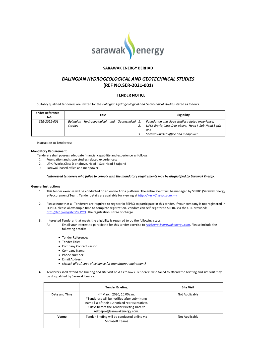 Balingian Hydrogeological and Geotechnical Studies (Ref No.Ser-2021-001)