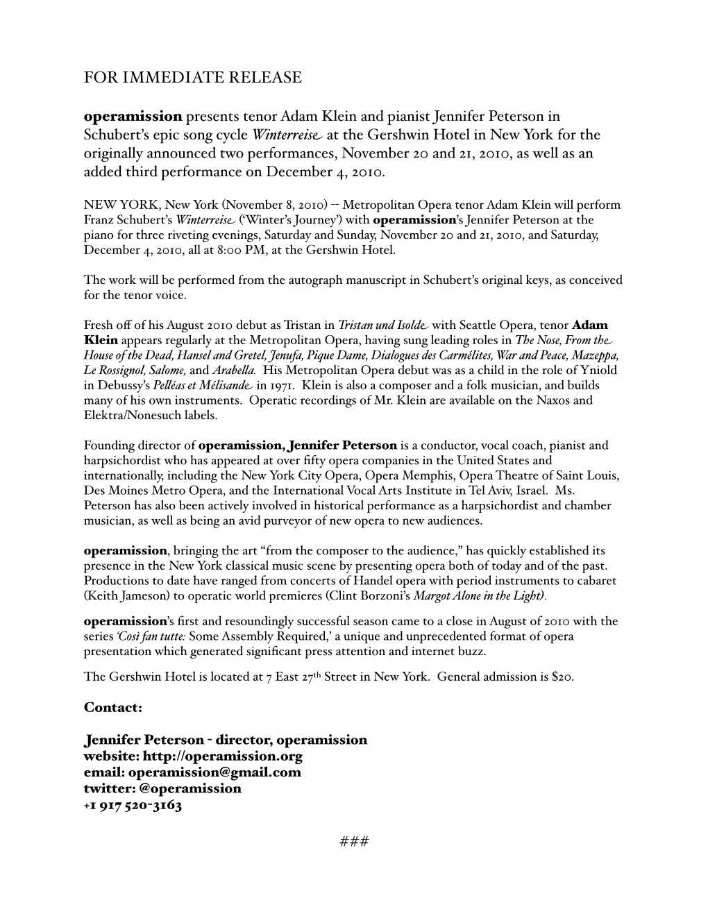 Winterreise Press Release