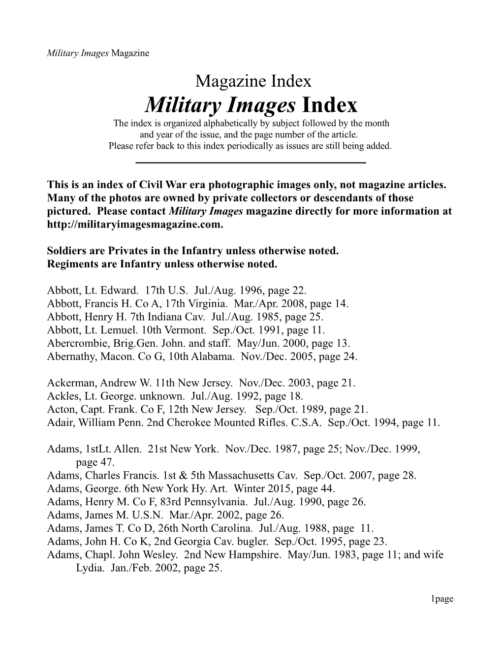 Military Images Index the Index Is Organized Alphabetically by Subject Followed by the Month and Year of the Issue, and the Page Number of the Article