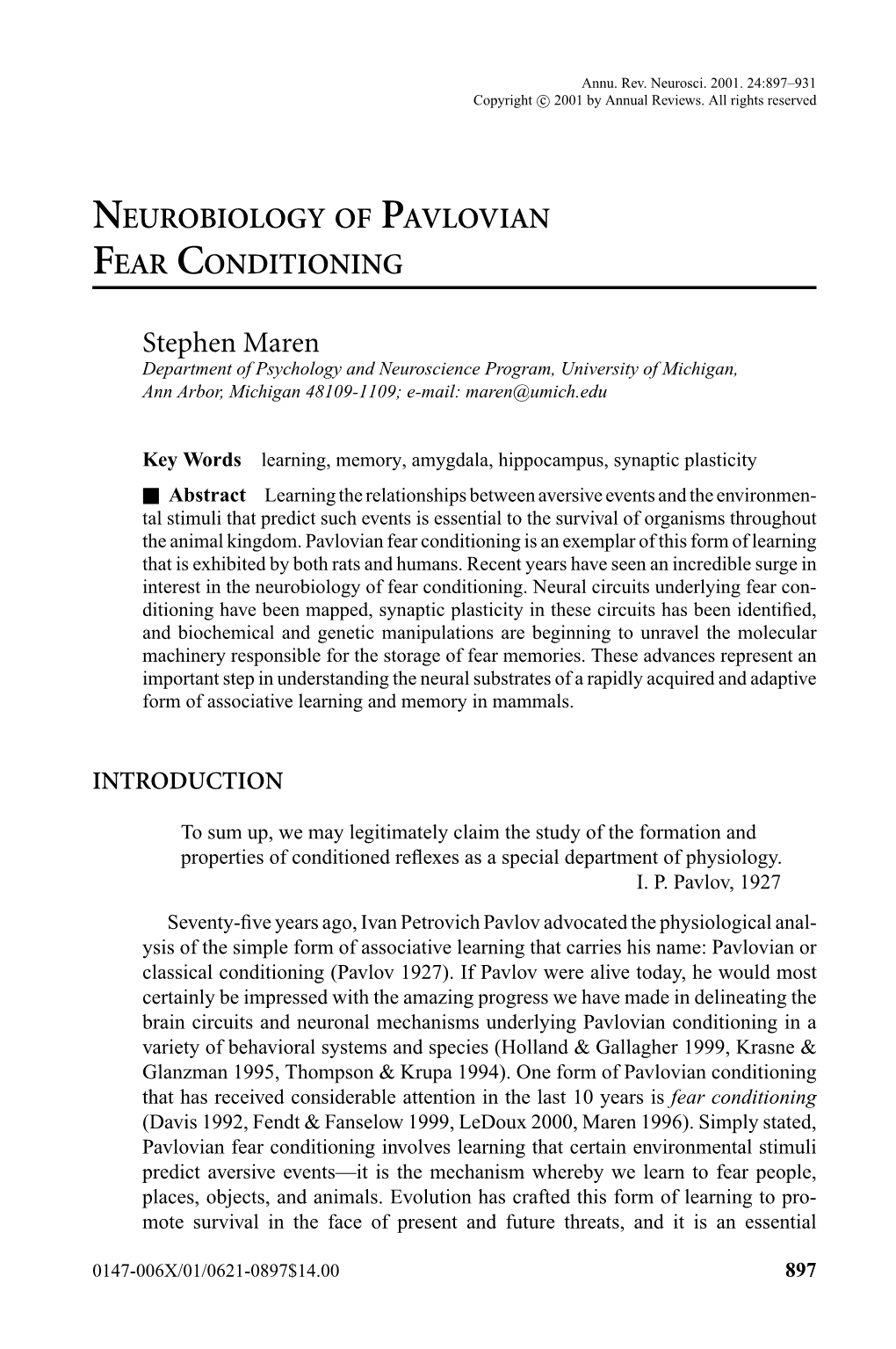 NEUROBIOLOGY of PAVLOVIAN FEAR CONDITIONING Stephen