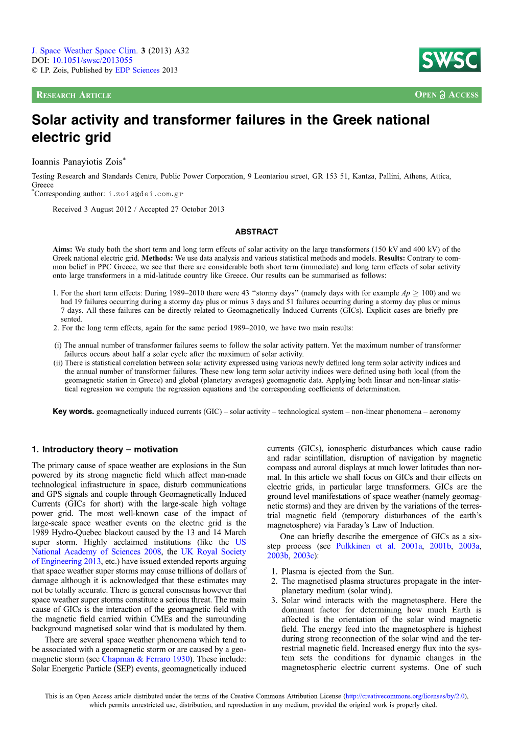 Solar Activity and Transformer Failures in the Greek National Electric Grid