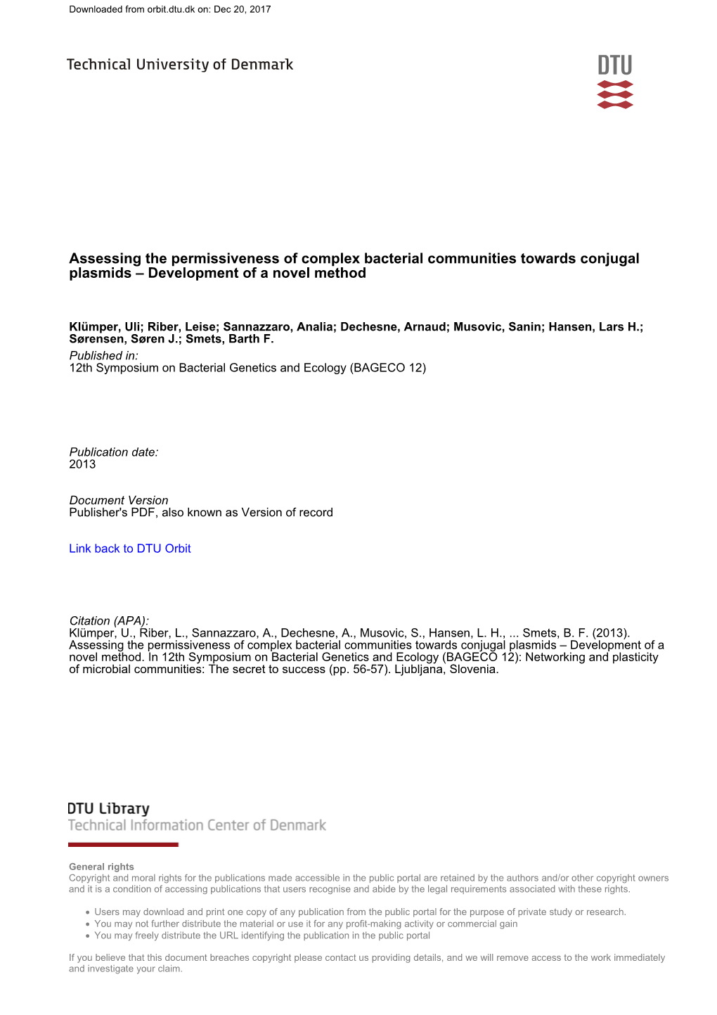 Assessing the Permissiveness of Complex Bacterial Communities Towards Conjugal Plasmids – Development of a Novel Method