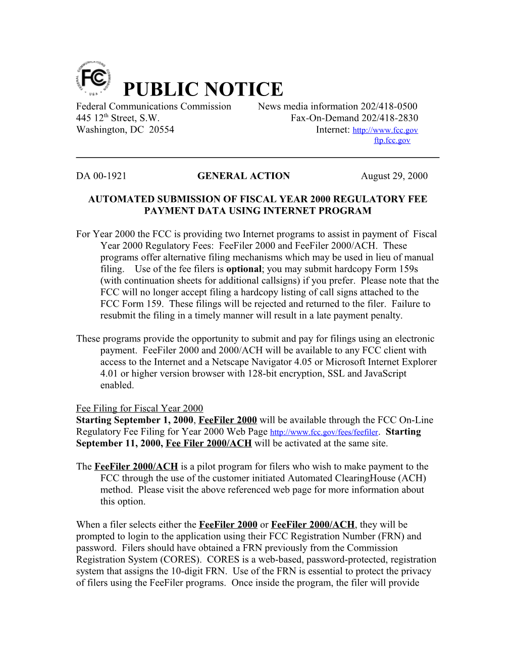 Federal Communications Commission News Media Information 202/418-0500 s5