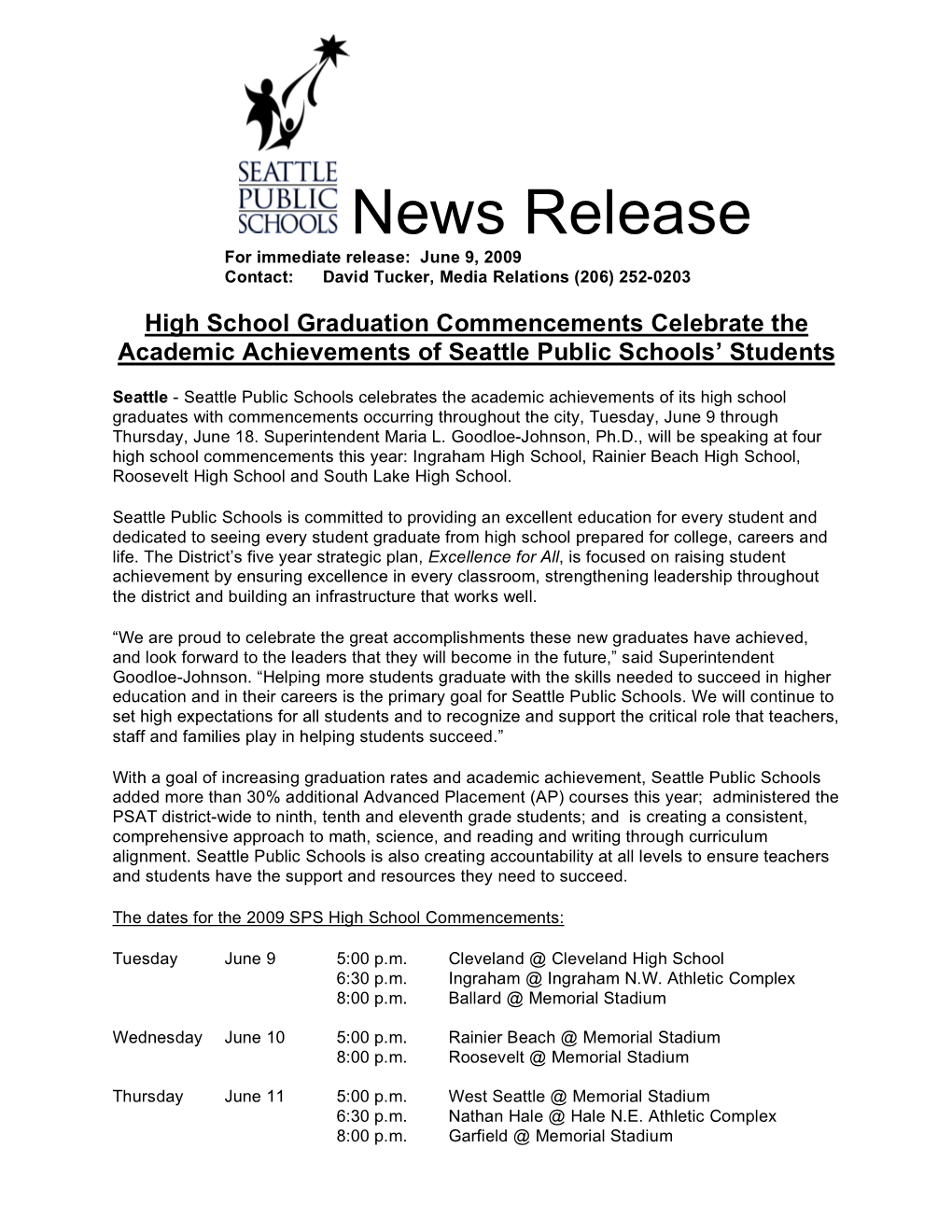 Seattle Public Schools HS Graduation Commencements News Release(2)