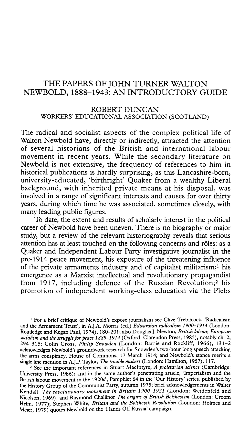 The Papers of John Turner Walton Newbold, 1888-1943: an Introductory Guide