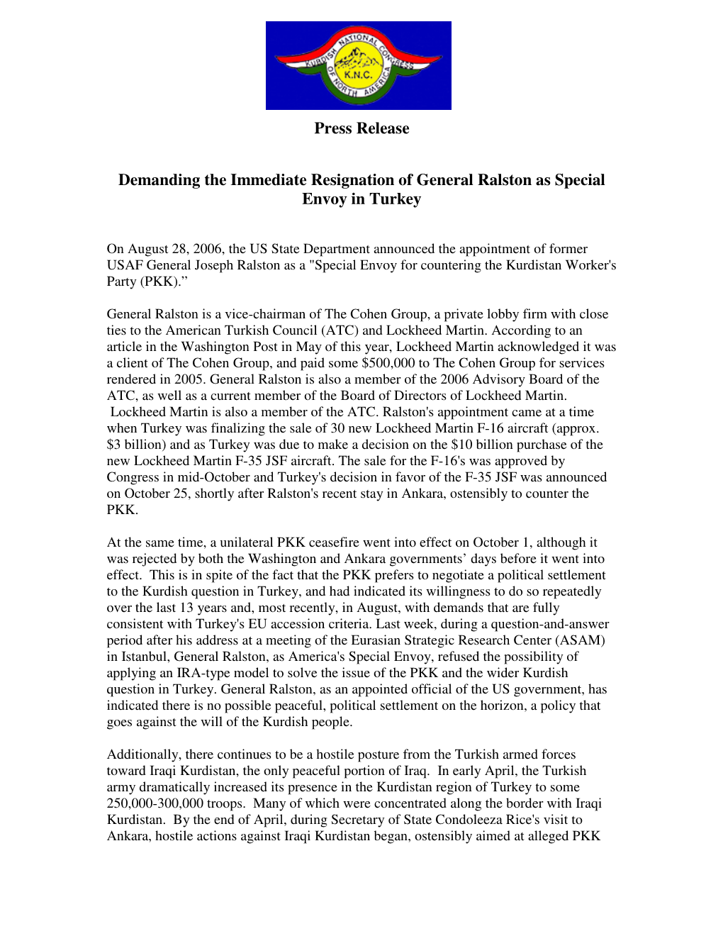 Press Release Demanding the Immediate Resignation of General