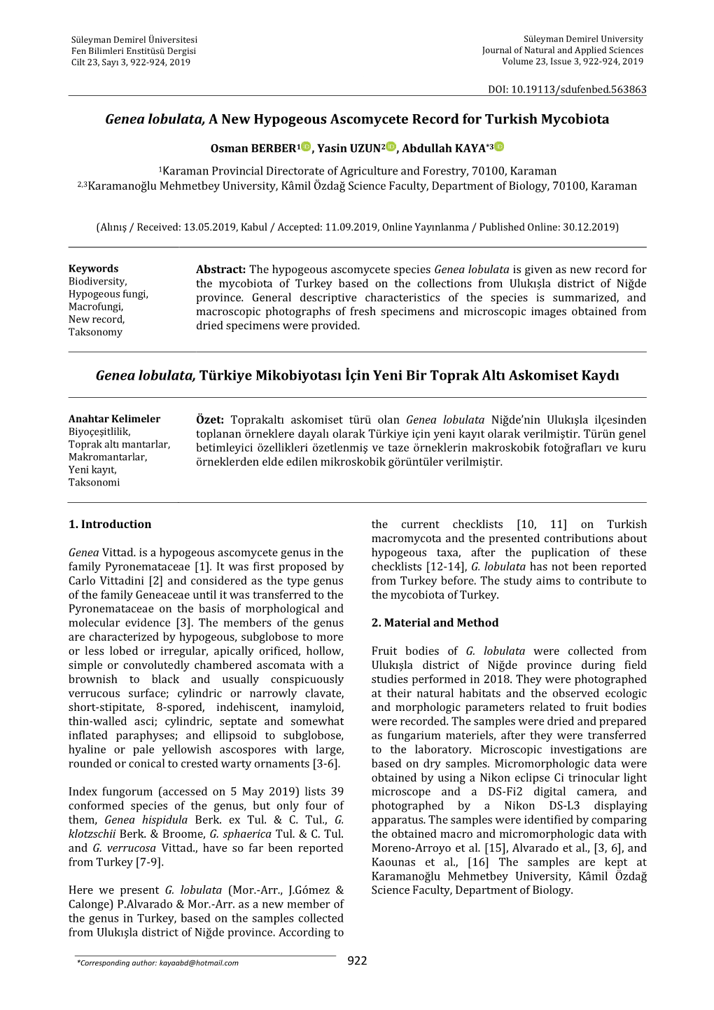 Genea Lobulata, a New Hypogeous Ascomycete Record for Turkish Mycobiota