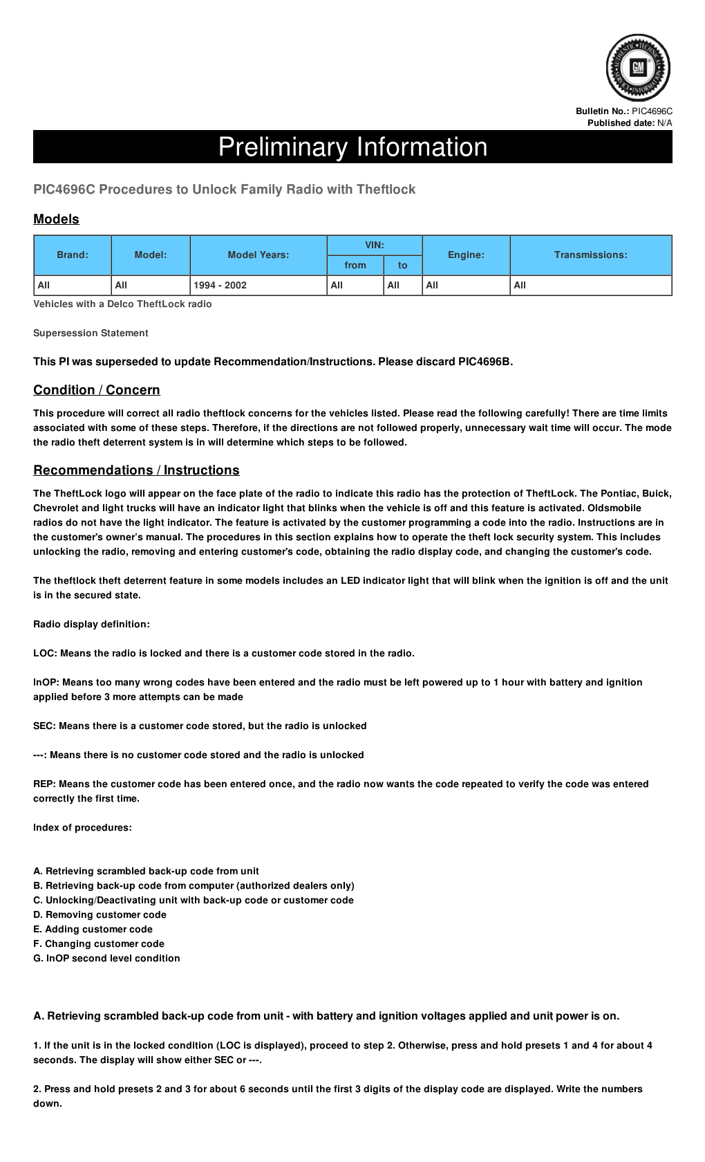 PIC4696C Procedures to Unlock Family Radio with Theftlock