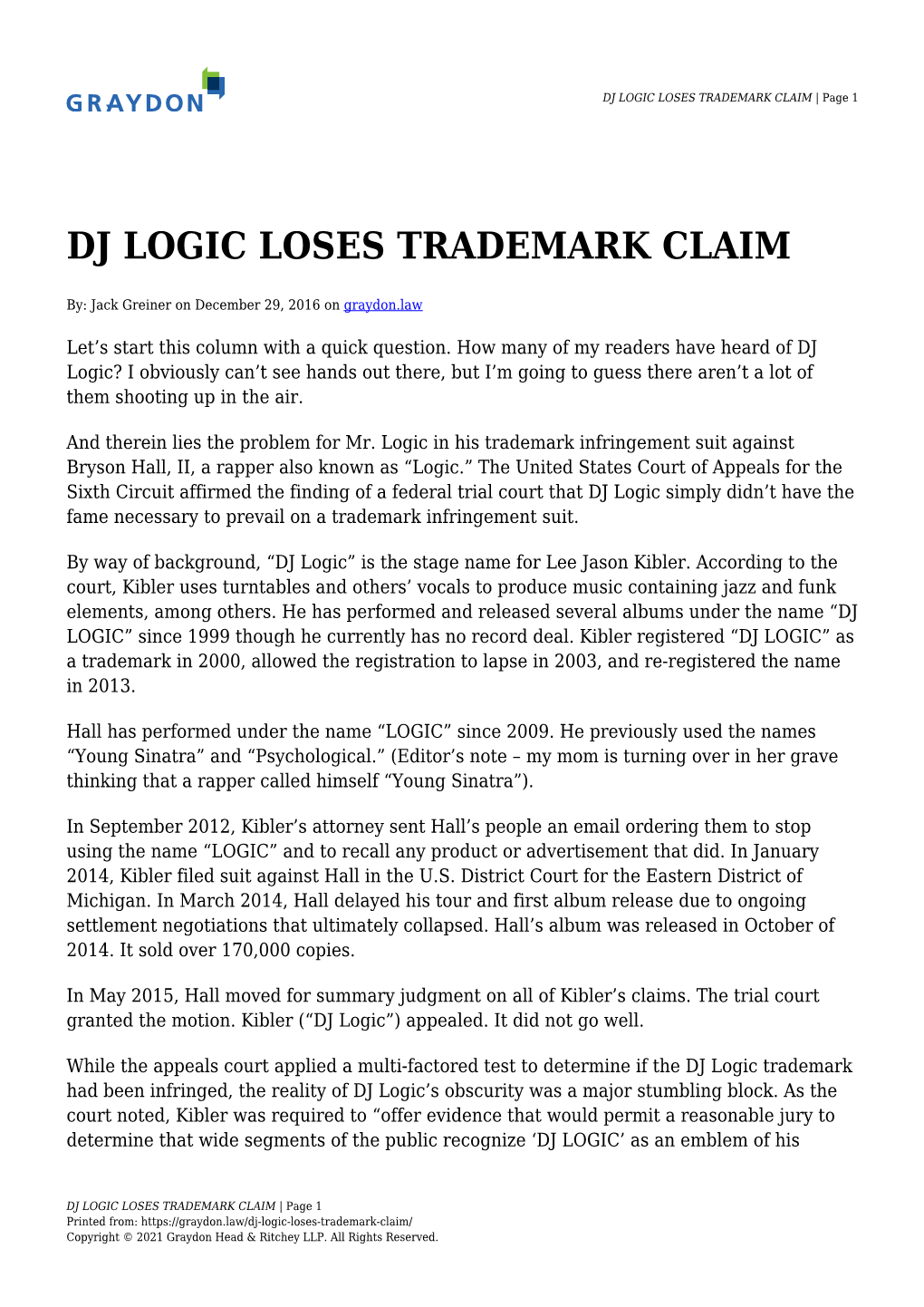 DJ LOGIC LOSES TRADEMARK CLAIM | Page 1