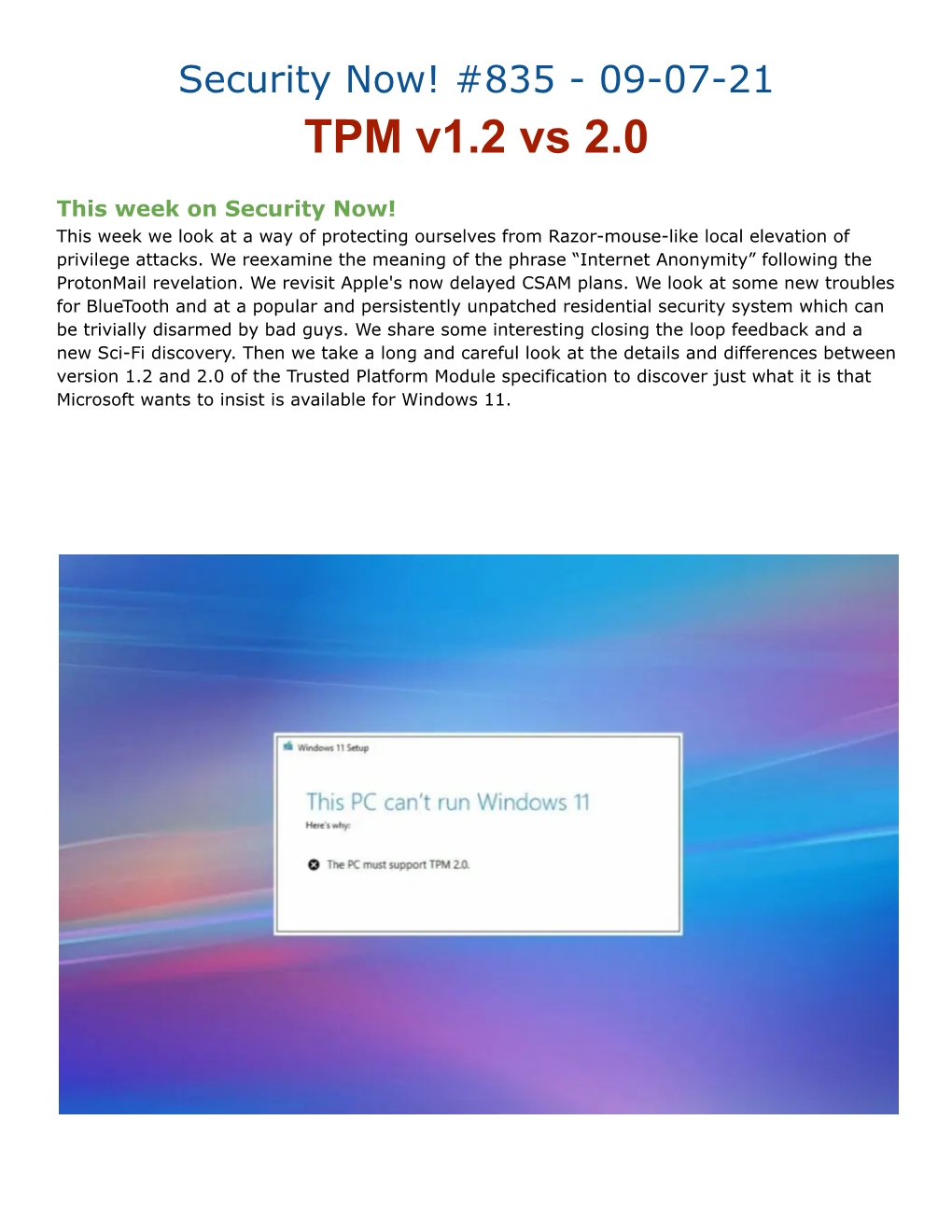 Security Now! #835 - 09-07-21 TPM V1.2 Vs 2.0