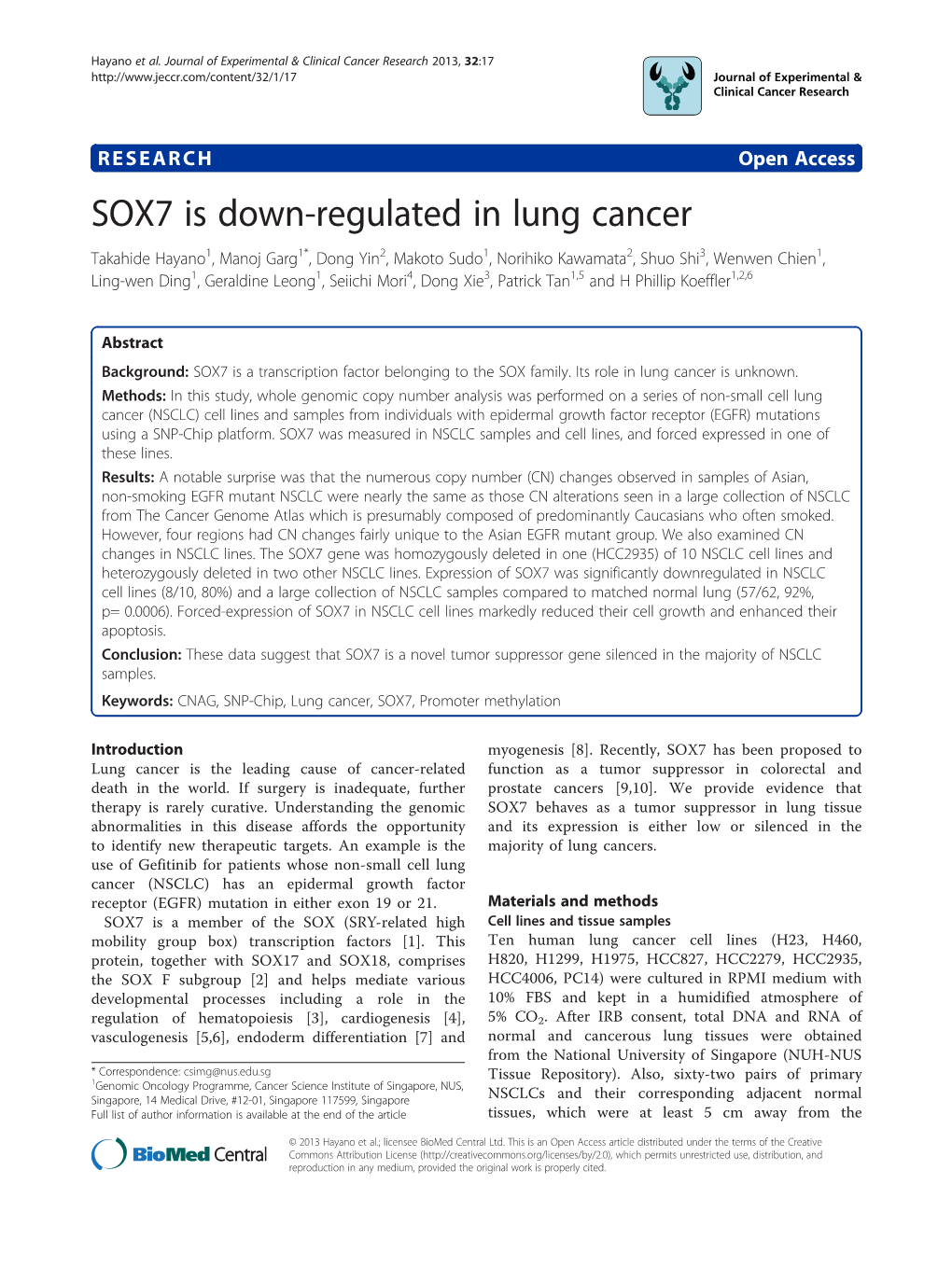 SOX7 Is Down-Regulated in Lung Cancer