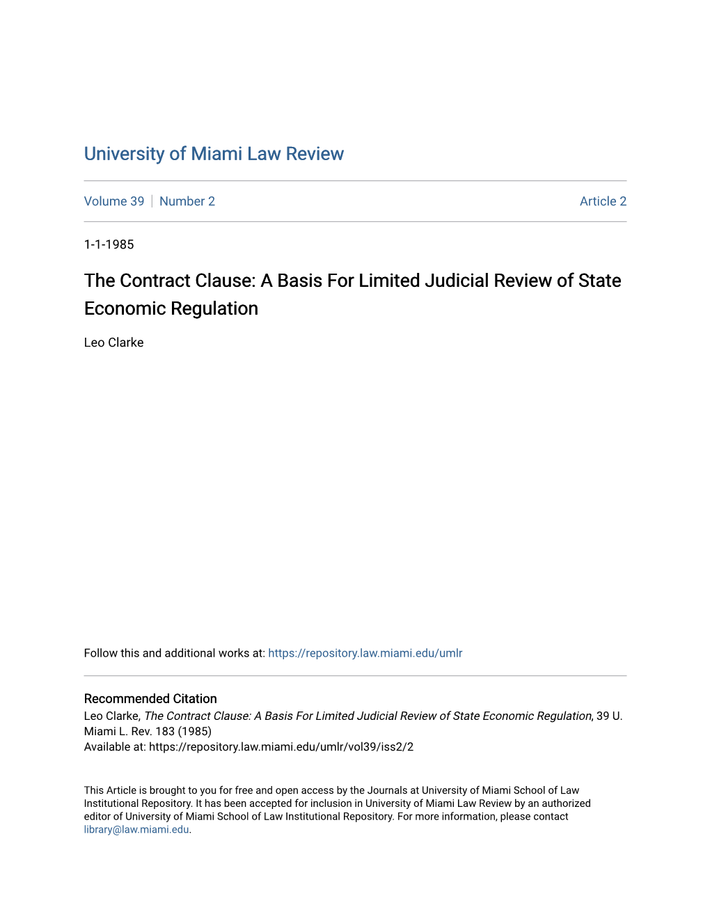 The Contract Clause: a Basis for Limited Judicial Review of State Economic Regulation