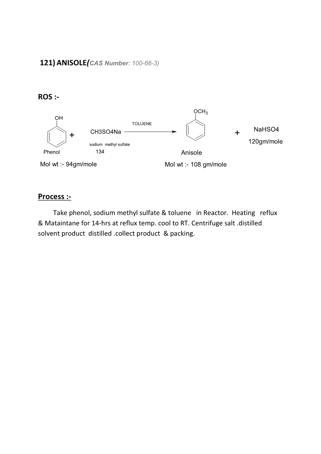 121)ANISOLE( ROS :- Process