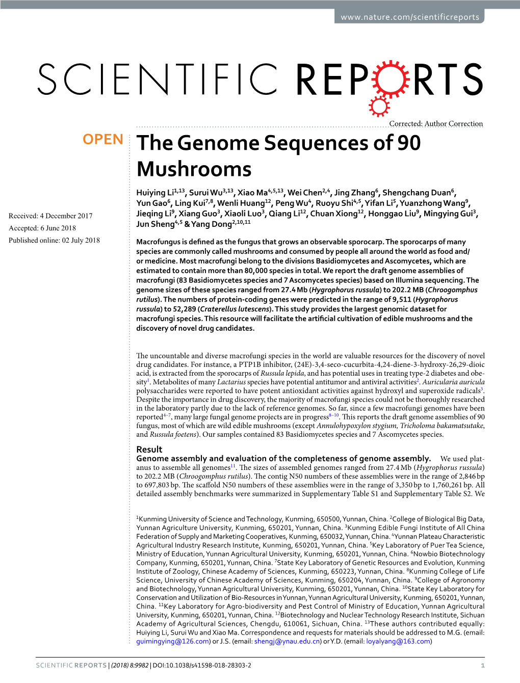 The Genome Sequences of 90 Mushrooms