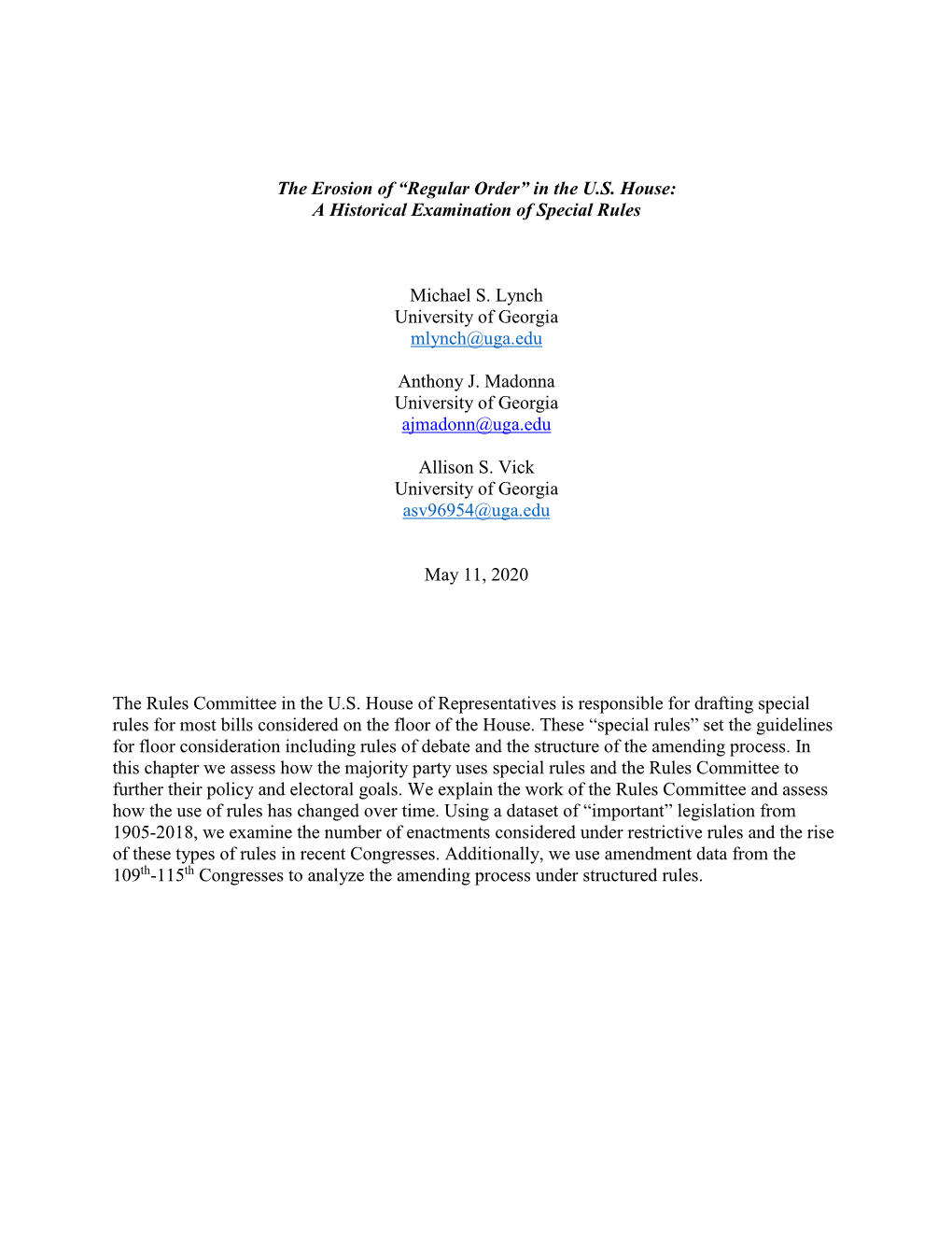 “Regular Order” in the US House: a Historical Examination of Special