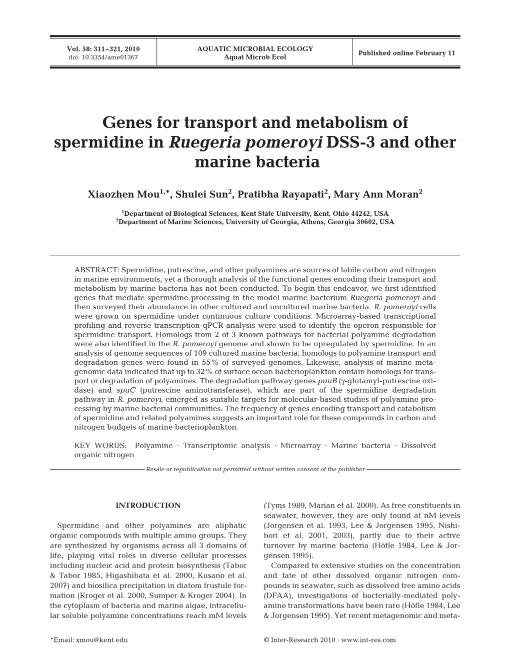 Genes for Transport and Metabolism of Spermidine in Ruegeria Pomeroyi DSS-3 and Other Marine Bacteria