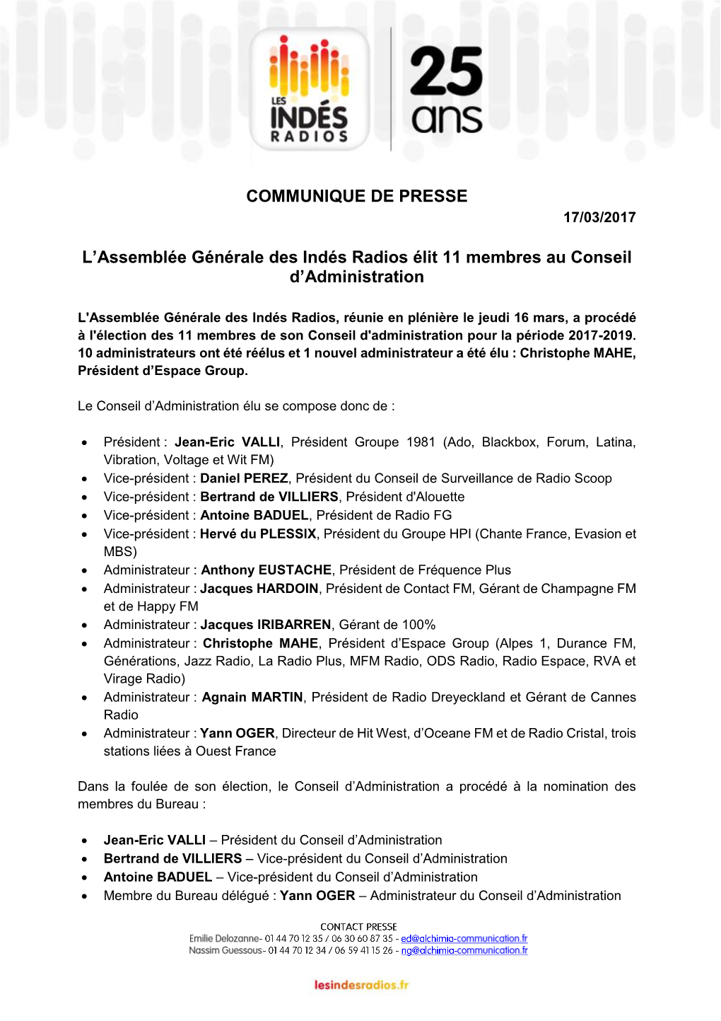 COMMUNIQUE DE PRESSE L'assemblée Générale Des Indés