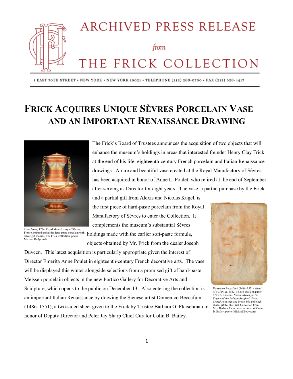 Frick Acquires Unique Sèvres Porcelain Vase and an Important Renaissance Drawing