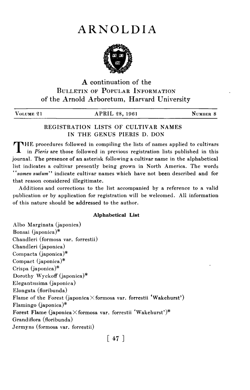 Registration Lists of Cultivar Names in the Genus Pieris D. Don