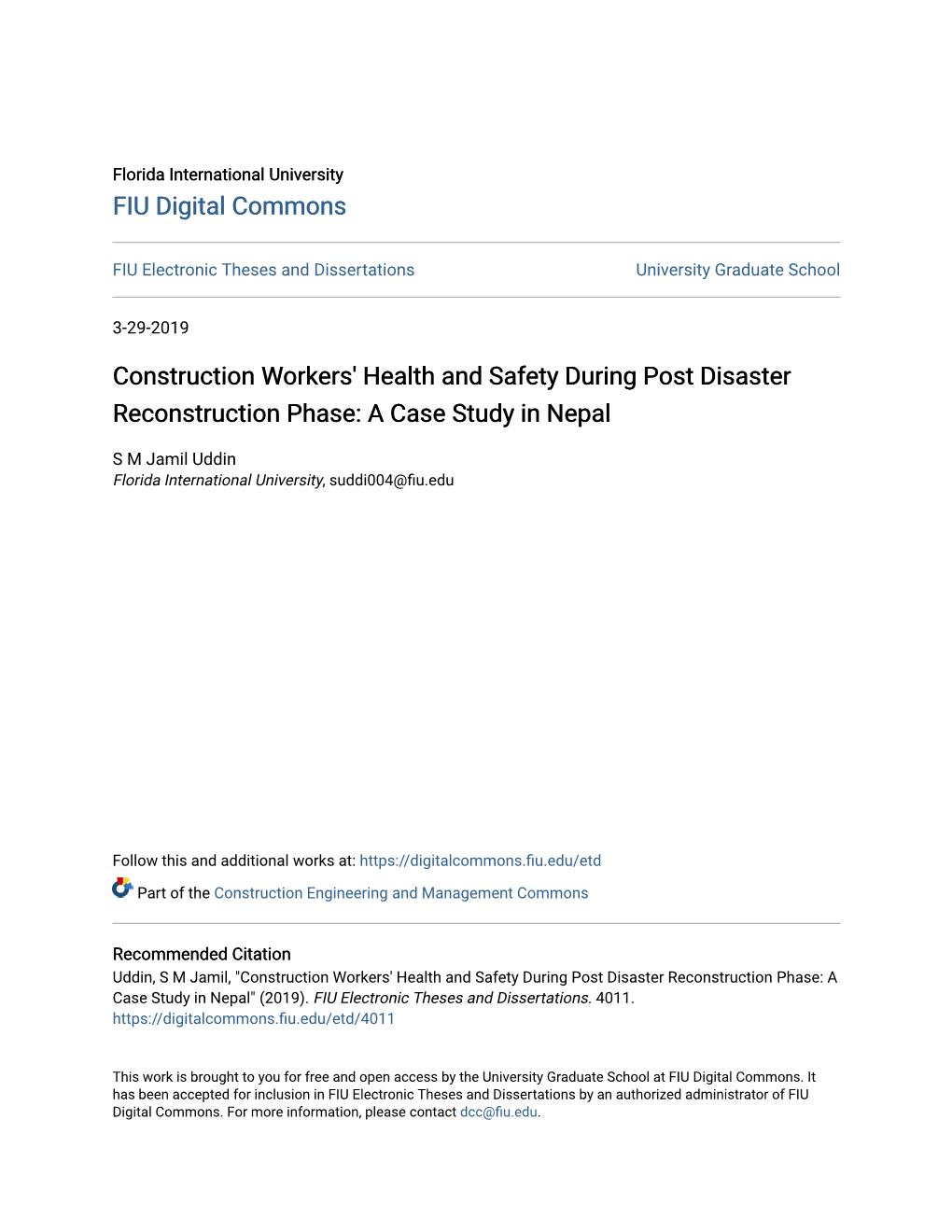 Construction Workers' Health and Safety During Post Disaster Reconstruction Phase: a Case Study in Nepal