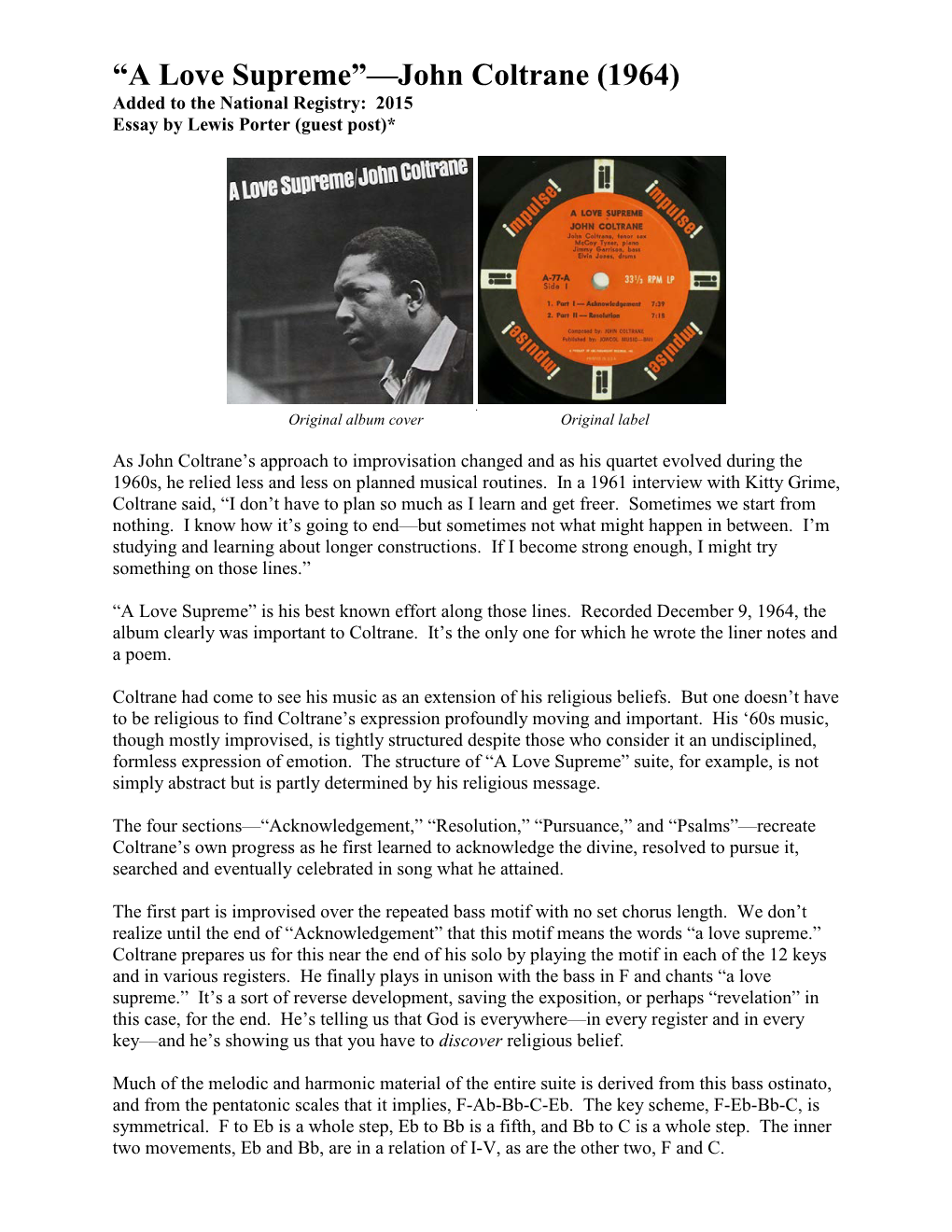 “A Love Supreme”—John Coltrane (1964) Added to the National Registry: 2015 Essay by Lewis Porter (Guest Post)*