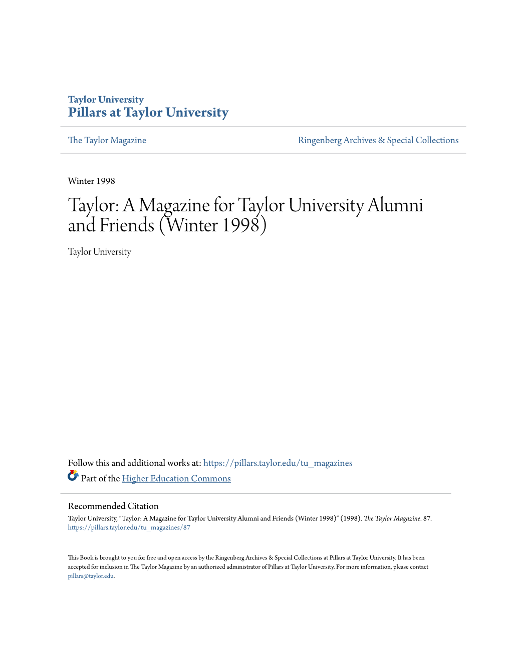 A Magazine for Taylor University Alumni and Friends (Winter 1998) Taylor University