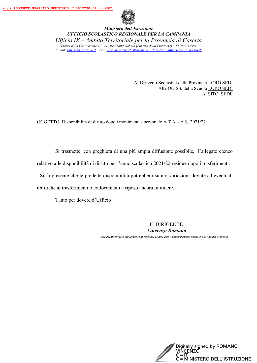 Ufficio IX – Ambito Territoriale Per La Provincia Di Caserta Piazza Della Costituzione N.1- Ex