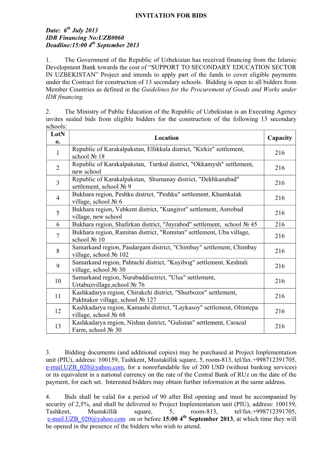 INVITATION for BIDS Date