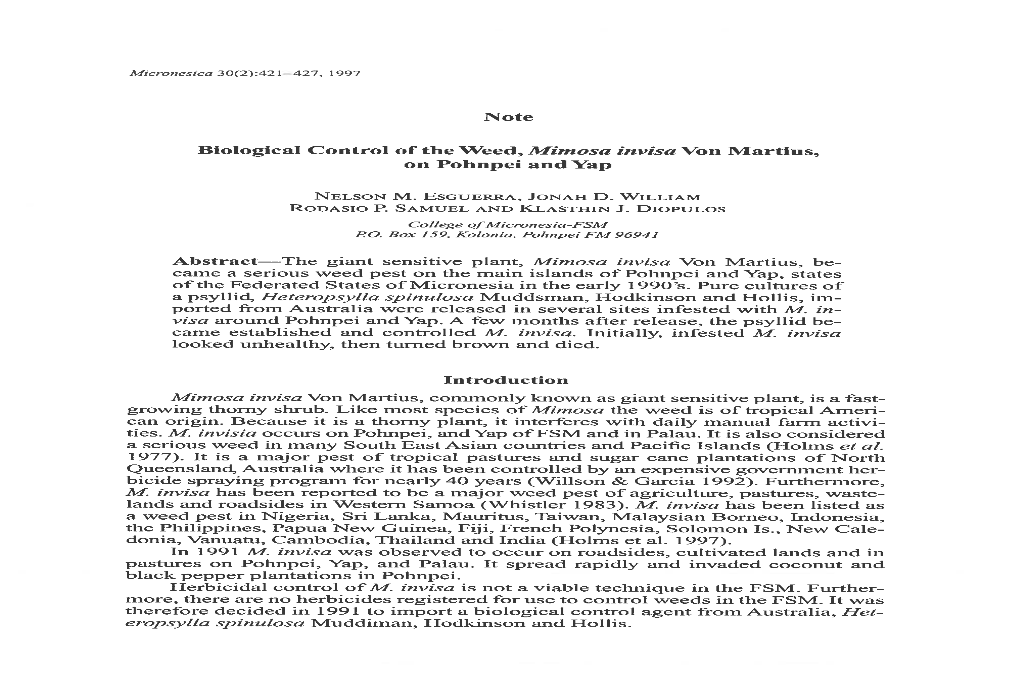 Note Biological Control of the Weed, Mimosa Invisa Von Martins, on Pohnpei and Yap Introduction