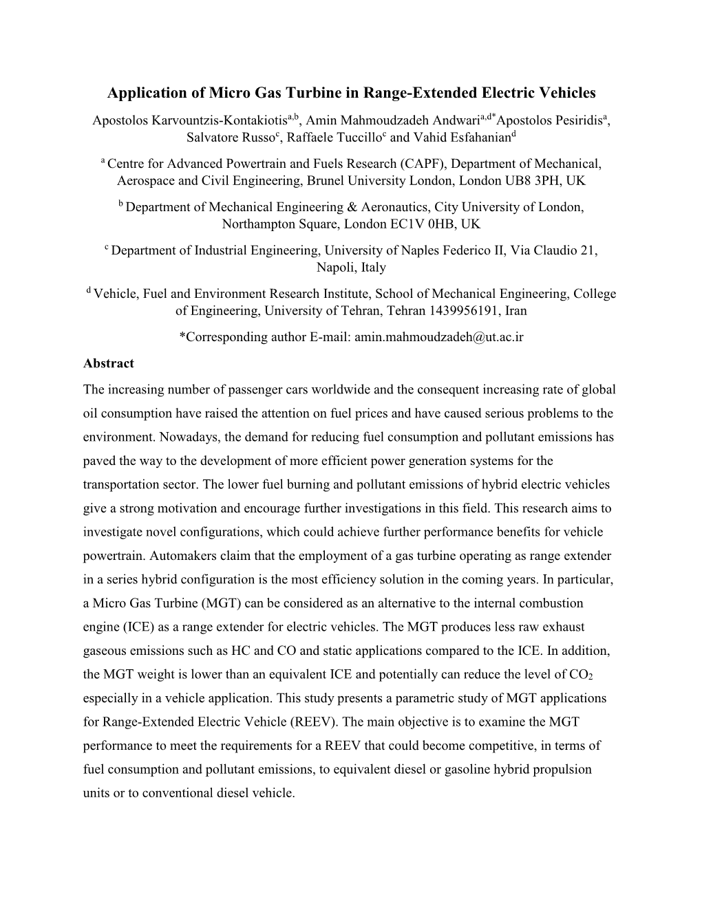 Application of Micro Gas Turbine in Range-Extended Electric Vehicles