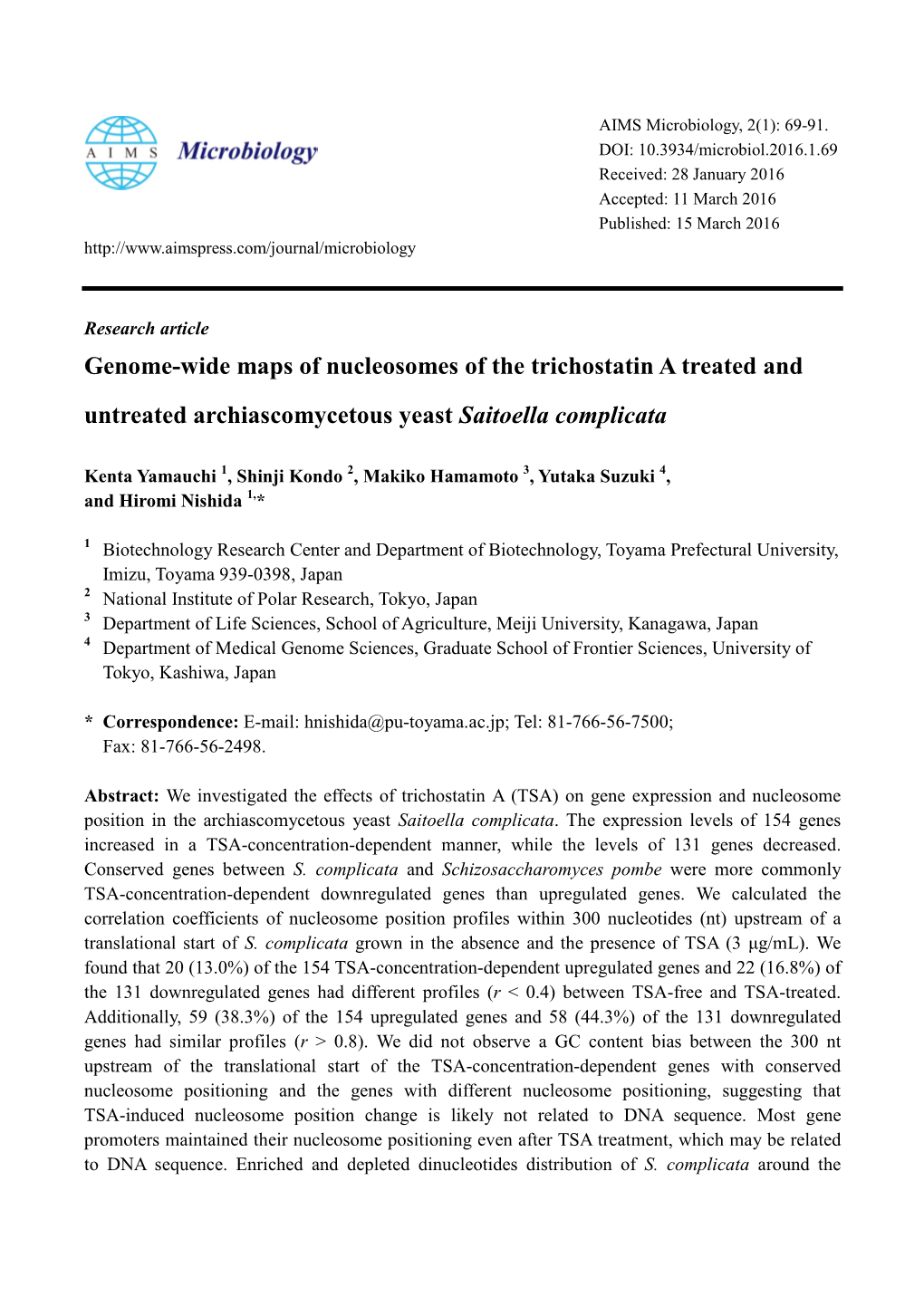 Genome-Wide Maps of Nucleosomes of the Trichostatin a Treated and Untreated Archiascomycetous Yeast Saitoella Complicata