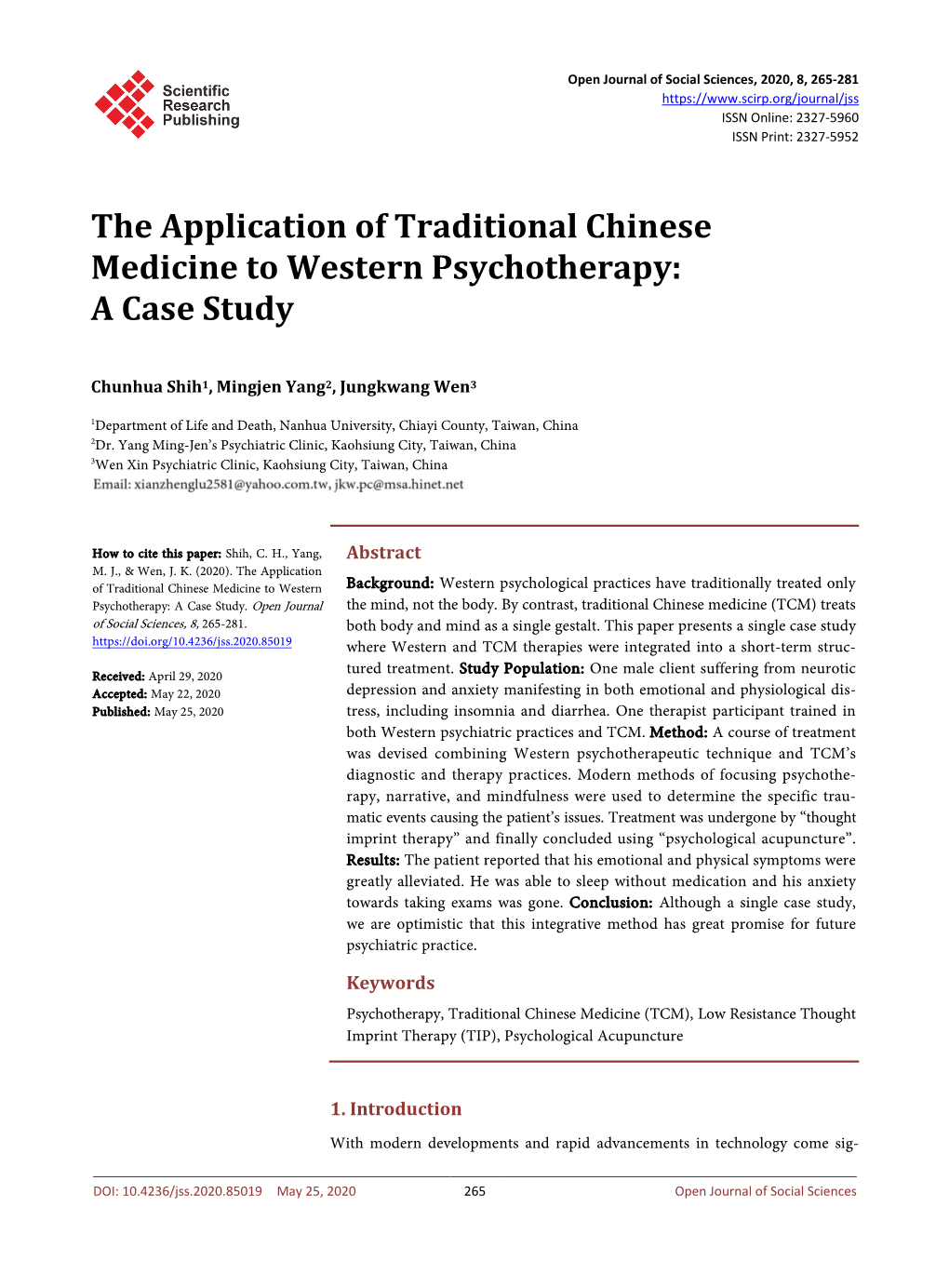 The Application of Traditional Chinese Medicine to Western Psychotherapy: a Case Study