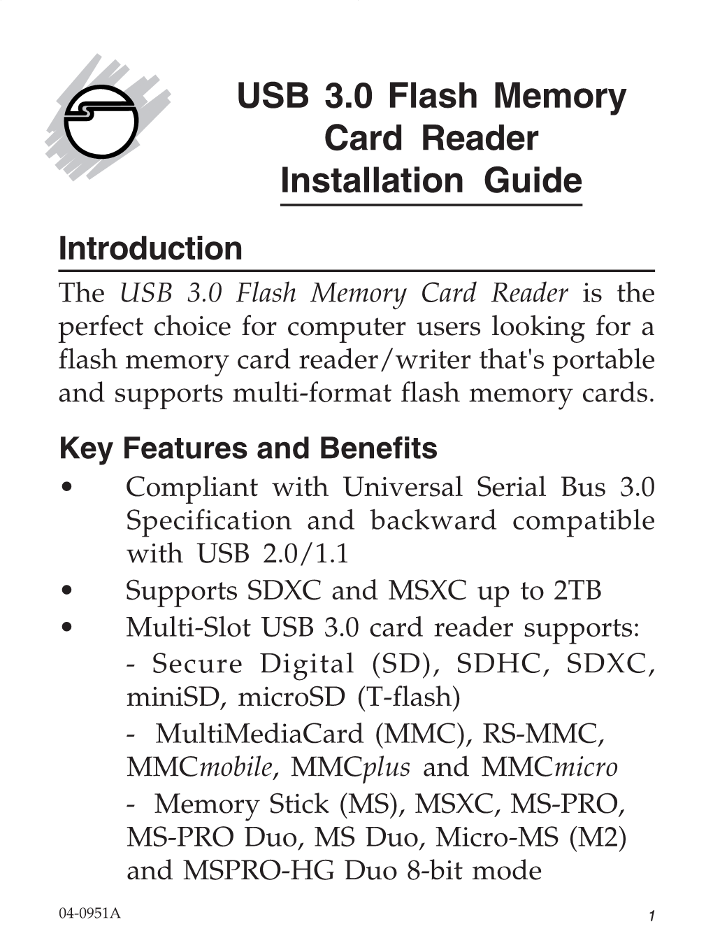 USB 3.0 Flash Memory Card Reader Installation Guide