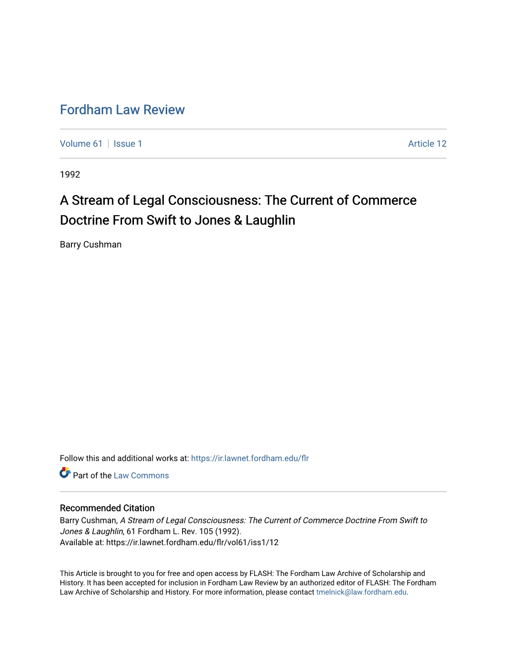 A Stream of Legal Consciousness: the Current of Commerce Doctrine from Swift to Jones & Laughlin