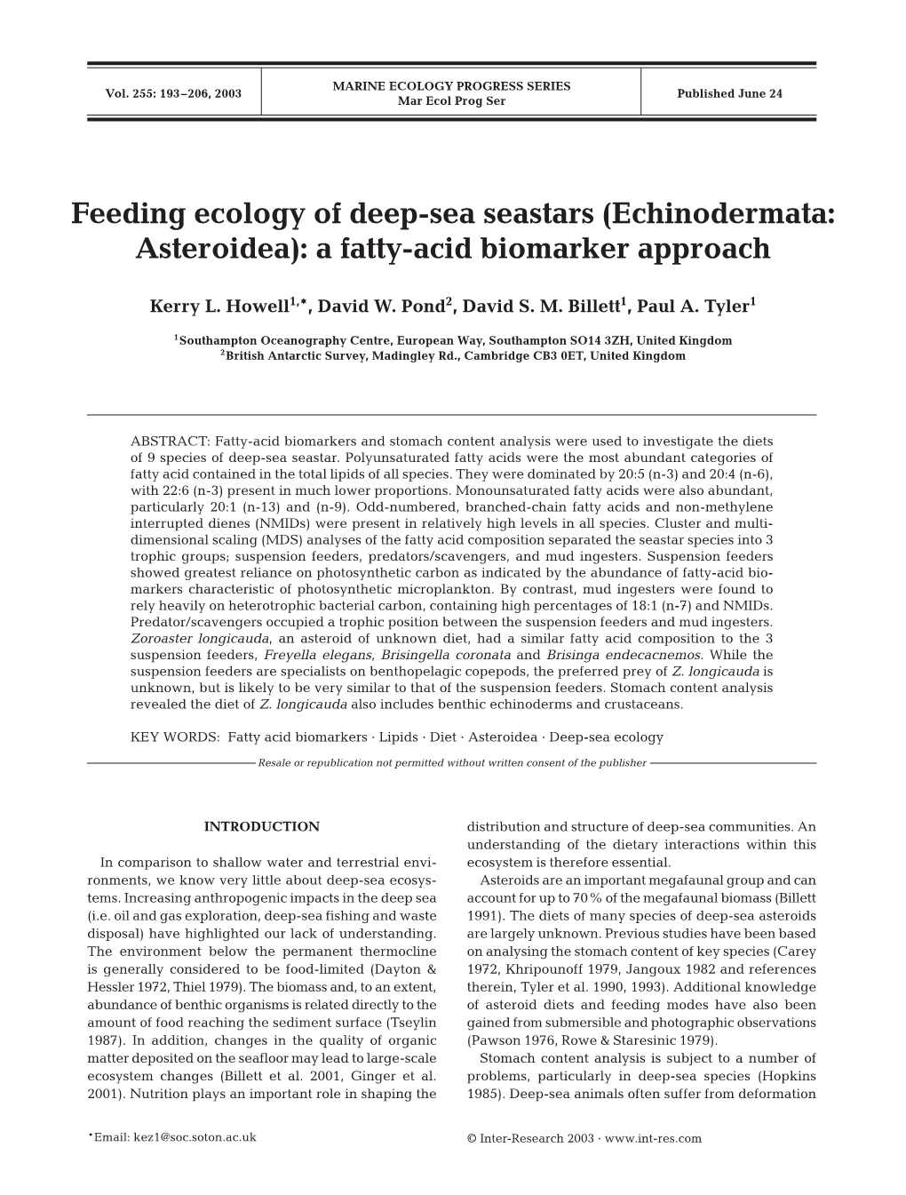 Feeding Ecology of Deep-Sea Seastars (Echinodermata: Asteroidea): a Fatty-Acid Biomarker Approach