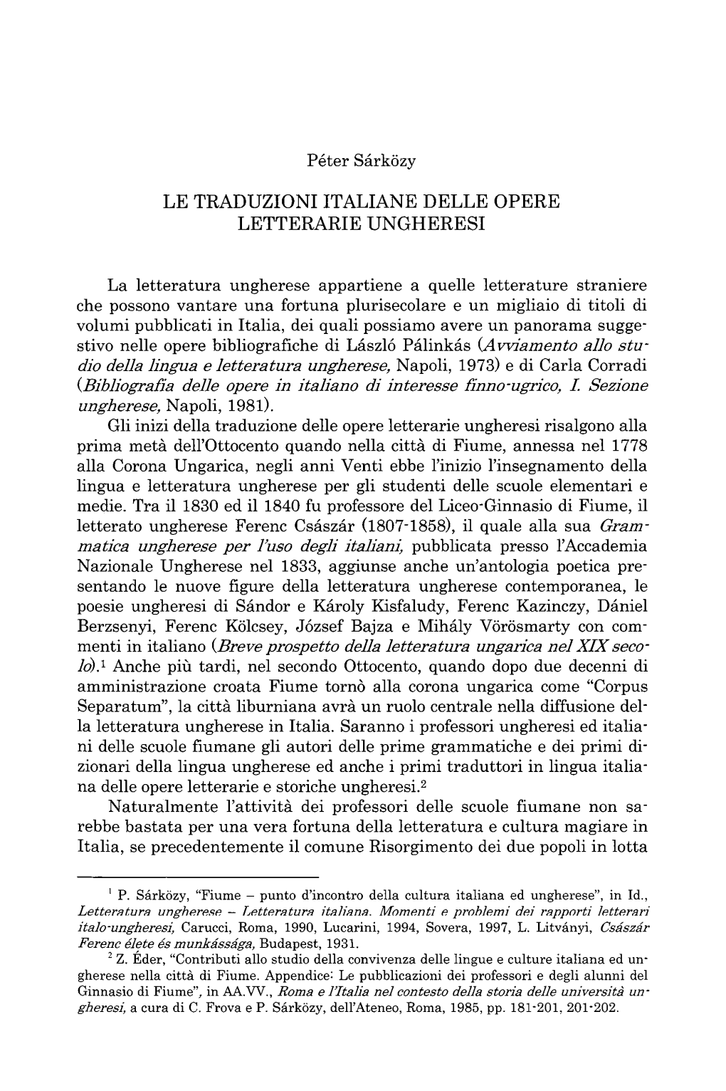Le Traduzioni Italiane Delle Opere Letterarie Ungheresi