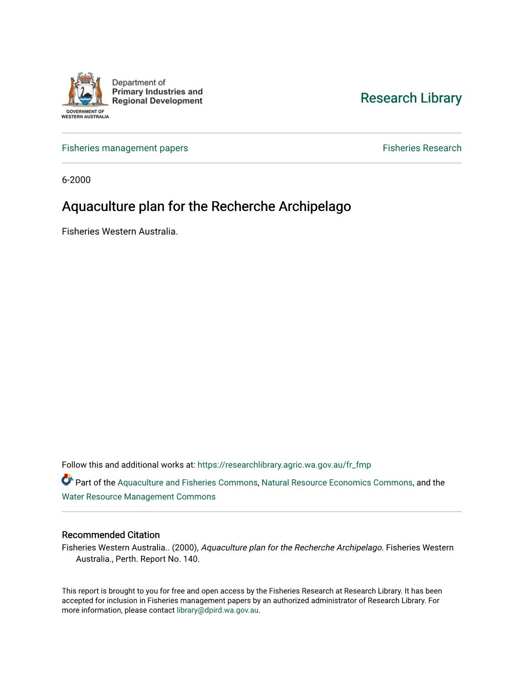 Aquaculture Plan for the Recherche Archipelago