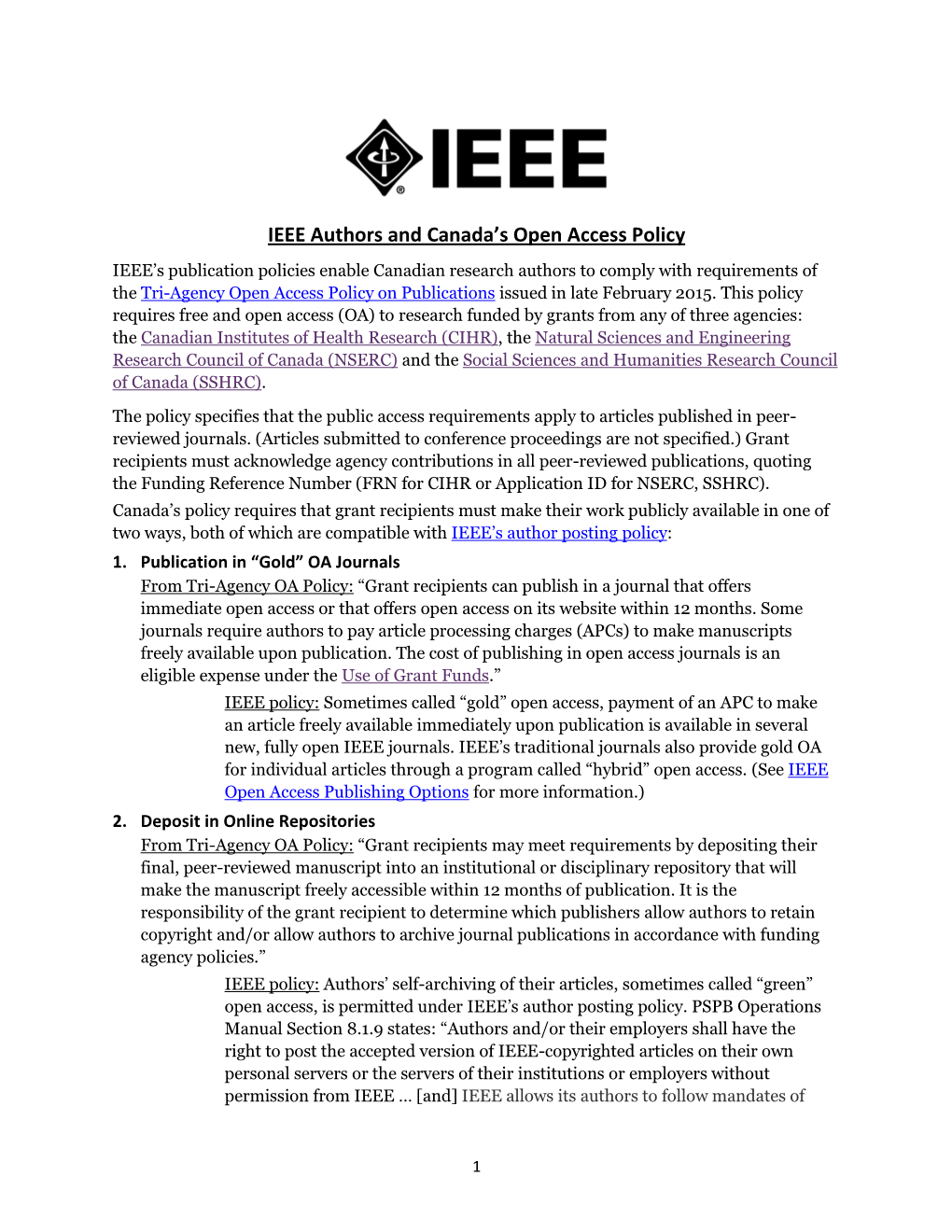 IEEE Authors and Canada's Open Access Policy