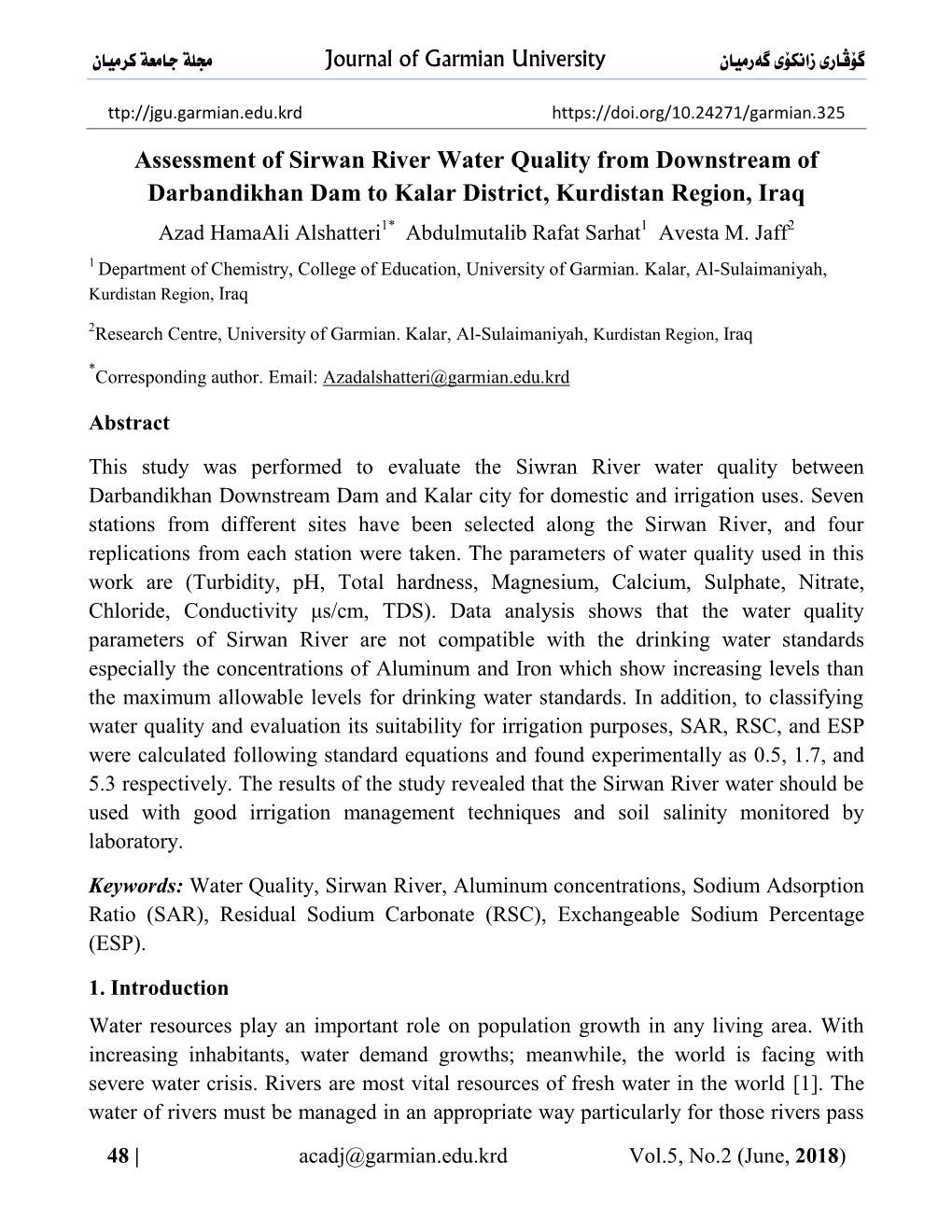 Assessment of Sirwan River Water Quality from Downstream Of