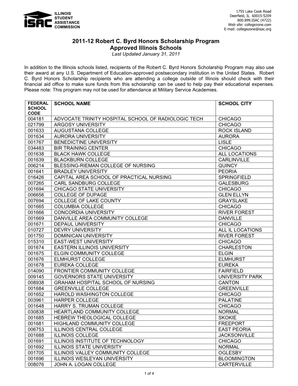 2011-12 Robert C. Byrd Honors Scholarship Program Approved Illinois Schools Last Updated January 31, 2011