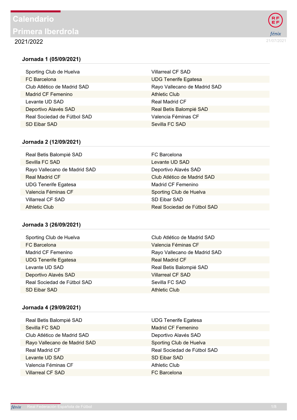 Calendario De Primera Iberdrola |Temporada 2021/2022