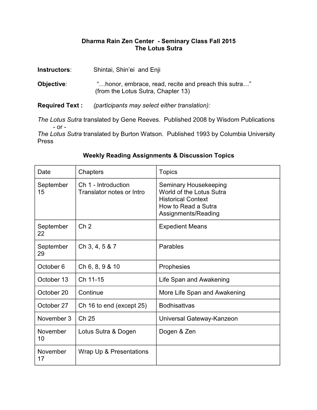 Seminary Class Fall 2015 the Lotus Sutra Instructors: Shintai, Shin'ei and Enji Objective