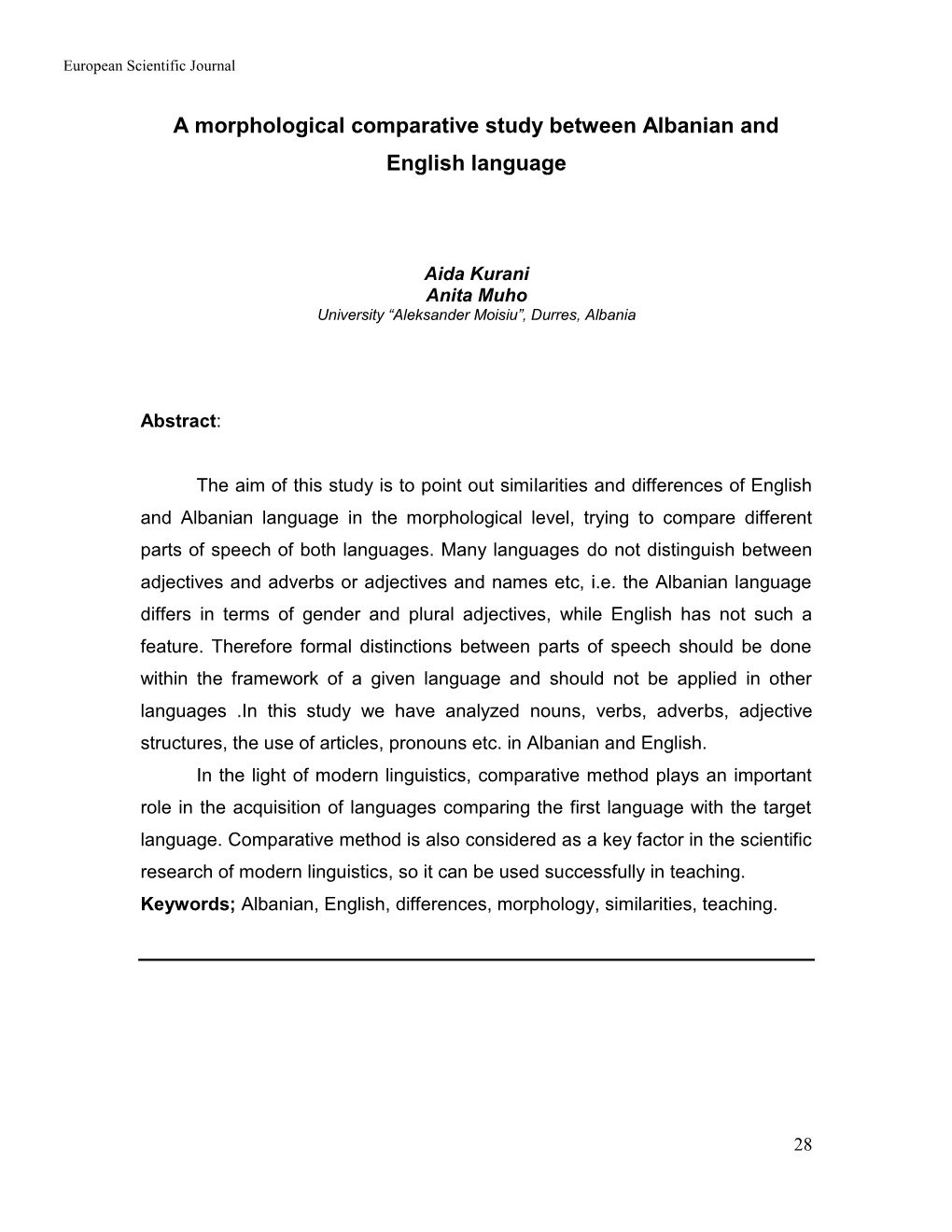 A Morphological Comparative Study Between Albanian and English Language