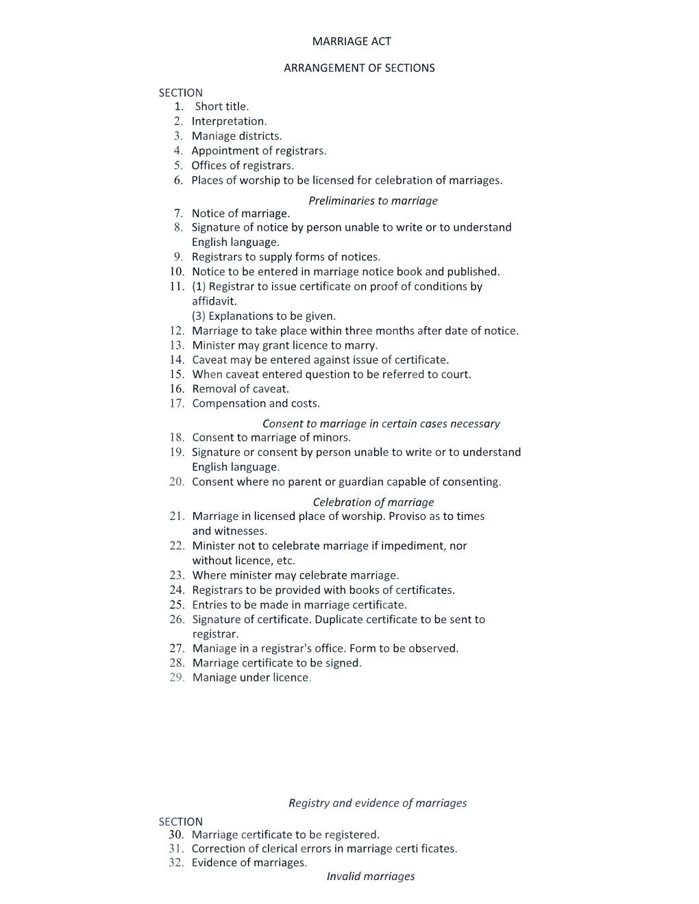 Marriage Act Arrangement of Sections