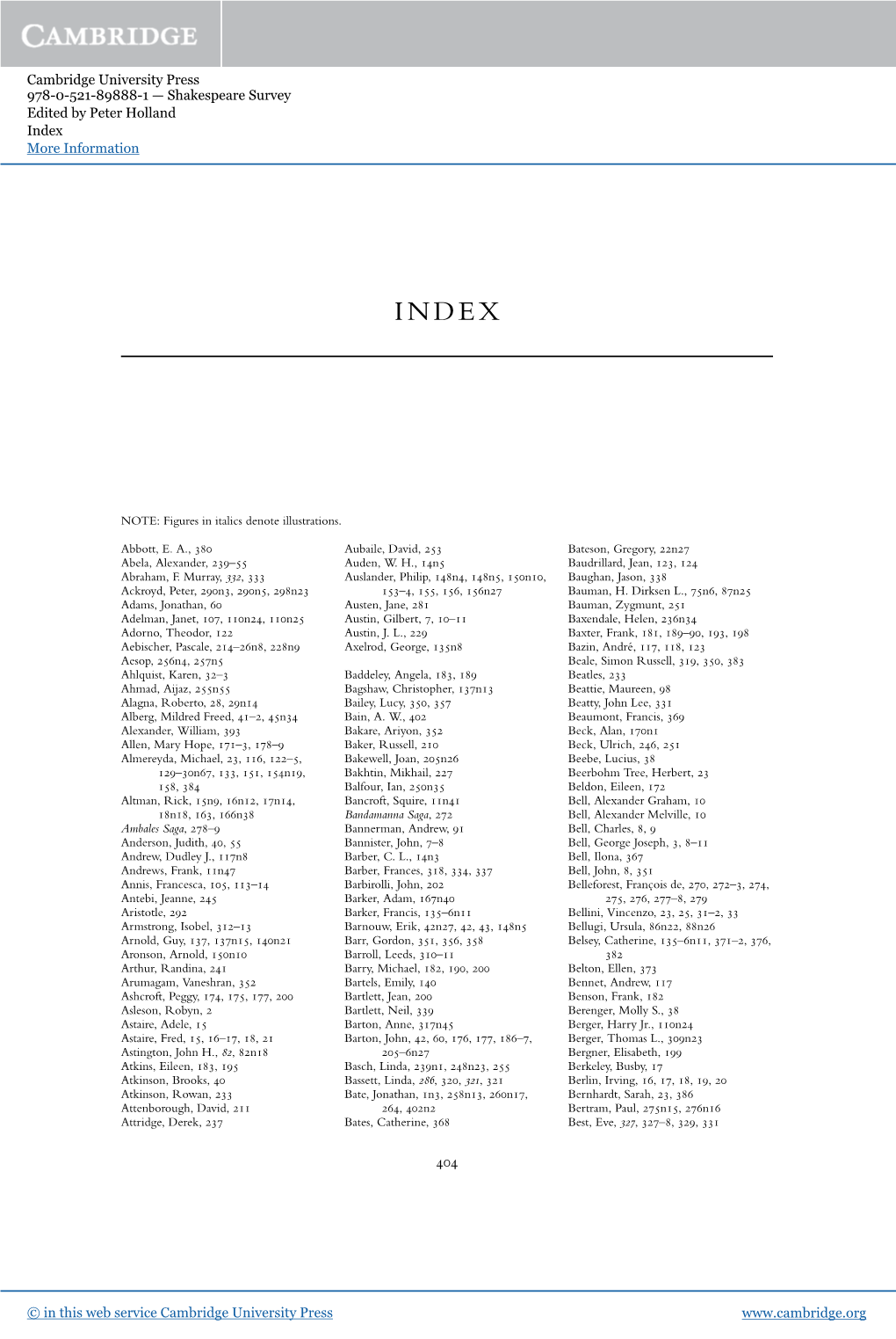 Cambridge University Press 978-0-521-89888-1 — Shakespeare Survey Edited by Peter Holland Index More Information