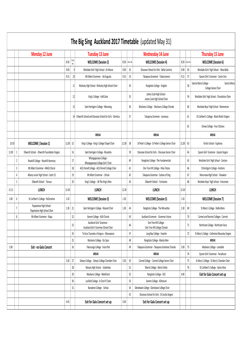 The Big Sing Auckland 2017 Timetable (Updated May