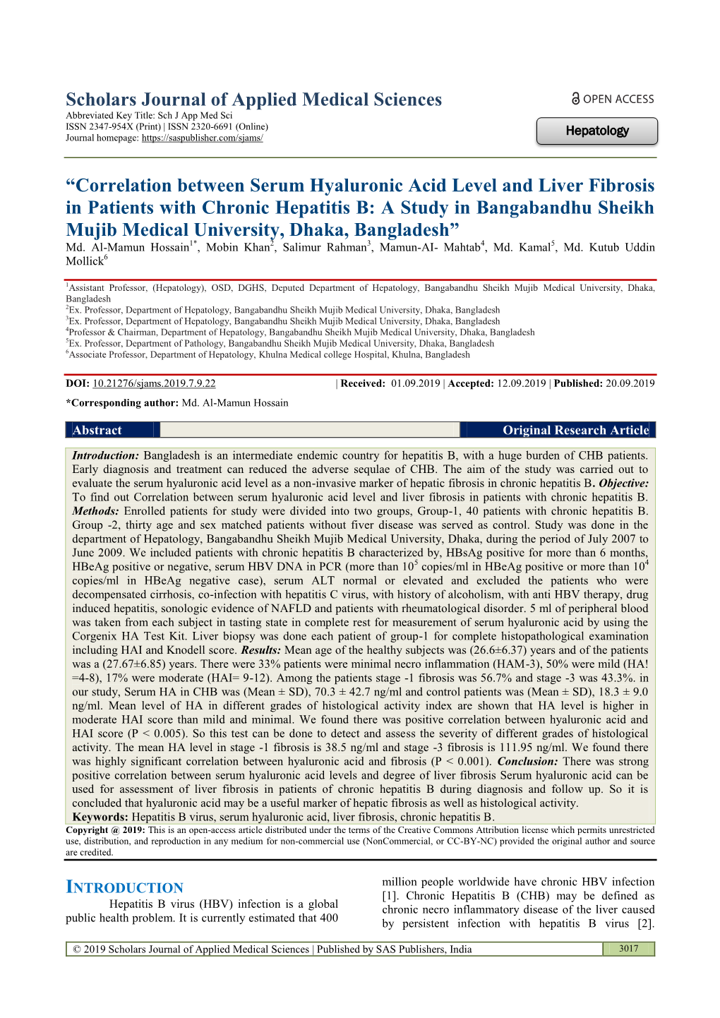 Correlation Between Serum Hyaluronic Acid Level and Liver Fibrosis in Patients W