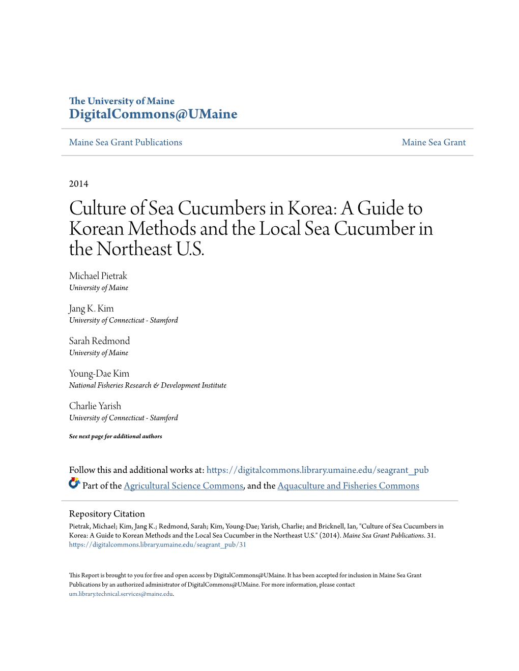 Culture of Sea Cucumbers in Korea: a Guide to Korean Methods and the Local Sea Cucumber in the Northeast U.S